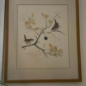 Vintage Lithograph Print of Yellow Birds on Branches Signed by Artist Mads Stage